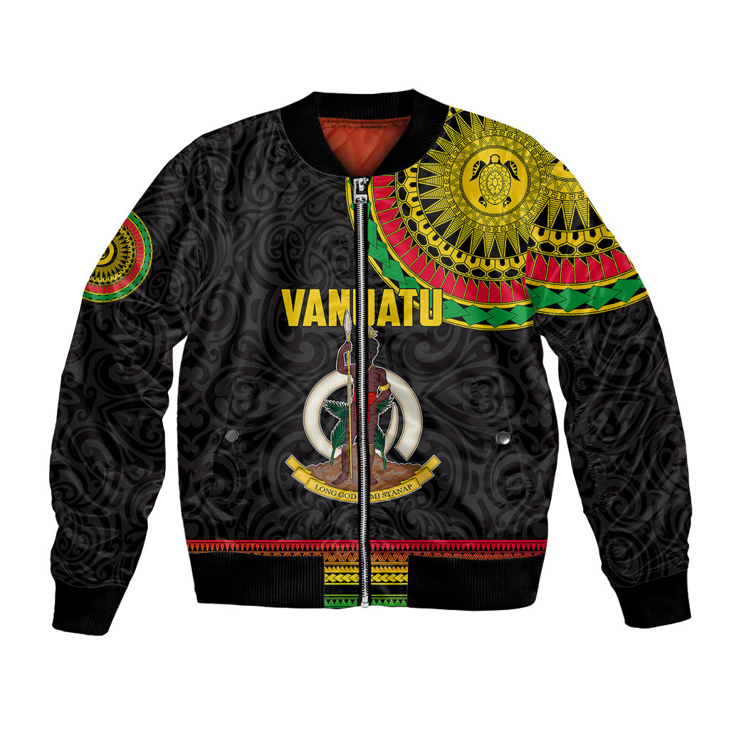 Black bomber jacket with front Vanuatu graphic, zipper, ribbed cuffs and hem