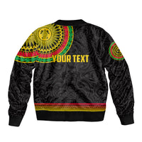 Black bomber jacket back with yellow circular emblem, 'YOUR TEXT' print, ribbed hem