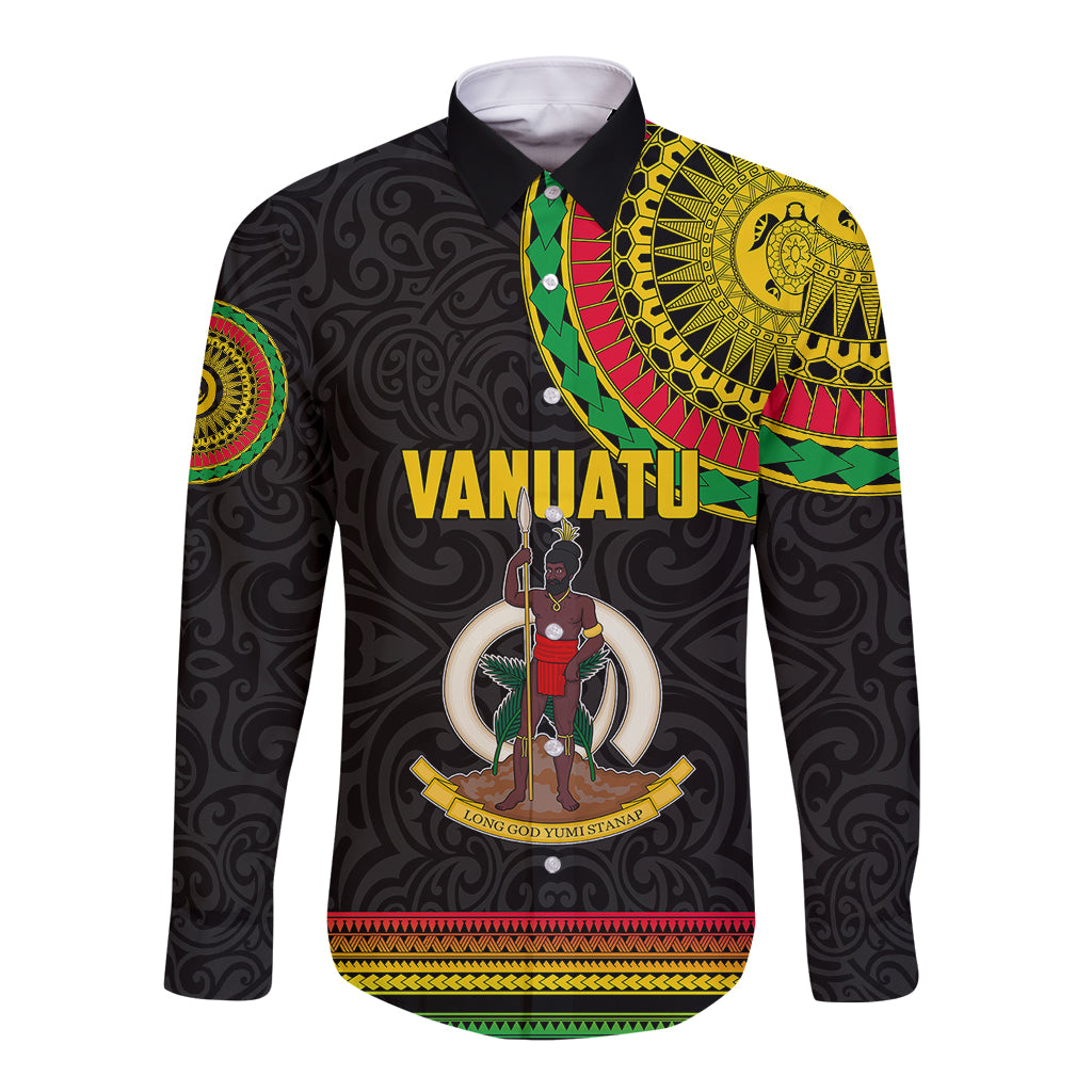 Dark long-sleeve button shirt with colorful Polynesian circle graphic and motifs