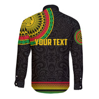 Back view dark long-sleeve button shirt with colorful Polynesian print and custom text