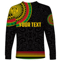 Black long sleeve shirt with Polynesian circle graphic, YOUR TEXT print and patterned hem