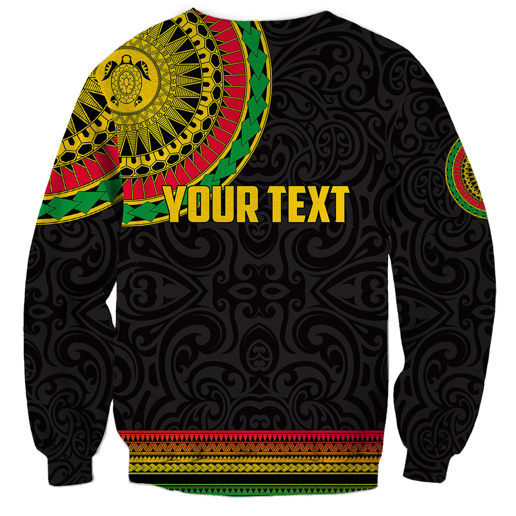 Black sweatshirt with large Polynesia circle and 'Y-OUR TEXT' print, colorful hem
