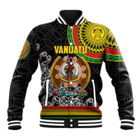 Unisex black baseball jacket with ribbed collar, striped cuffs, and bold colorful front graphic