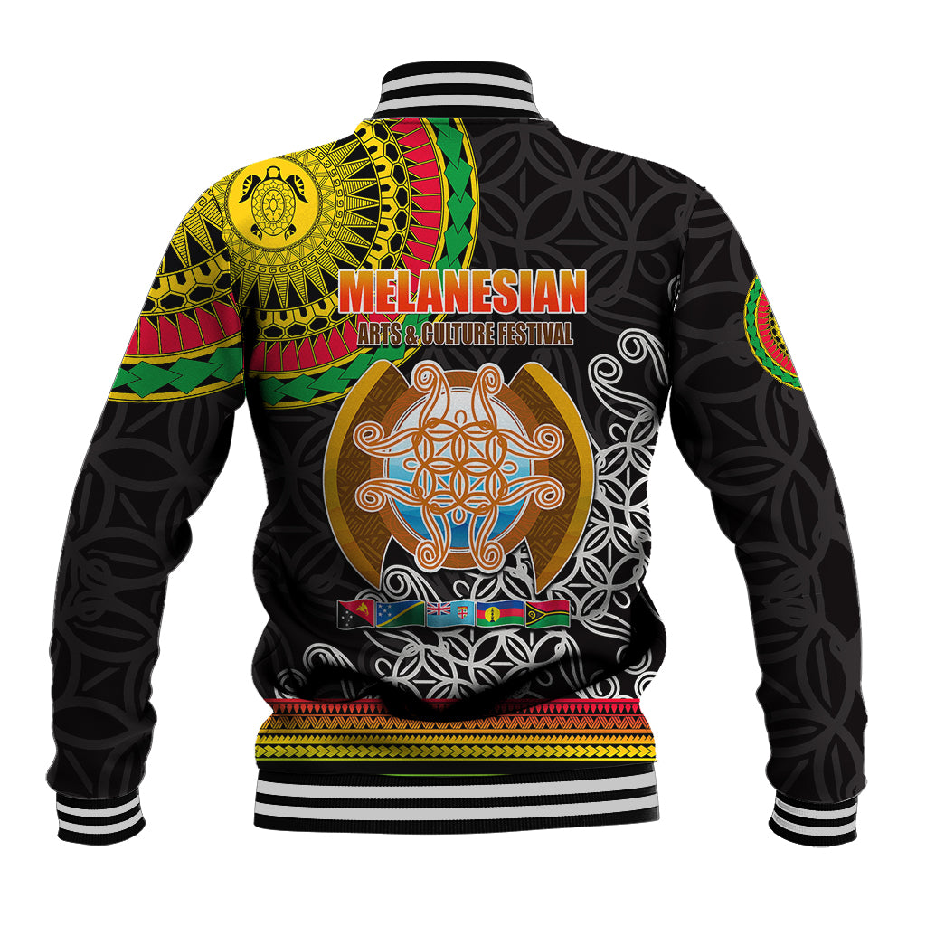 Unisex black baseball jacket with striped collar, ribbed cuffs, and large back festival graphic