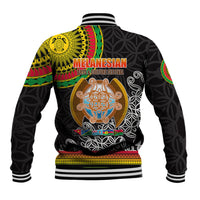 Unisex black baseball jacket with striped collar, ribbed cuffs, and large back festival graphic