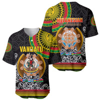 Black baseball jersey shown front and back with Vanuatu and Melanesian graphics