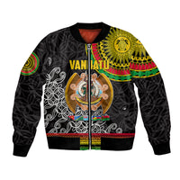 Black unisex bomber jacket with full-zip front and colorful tribal graphic on front