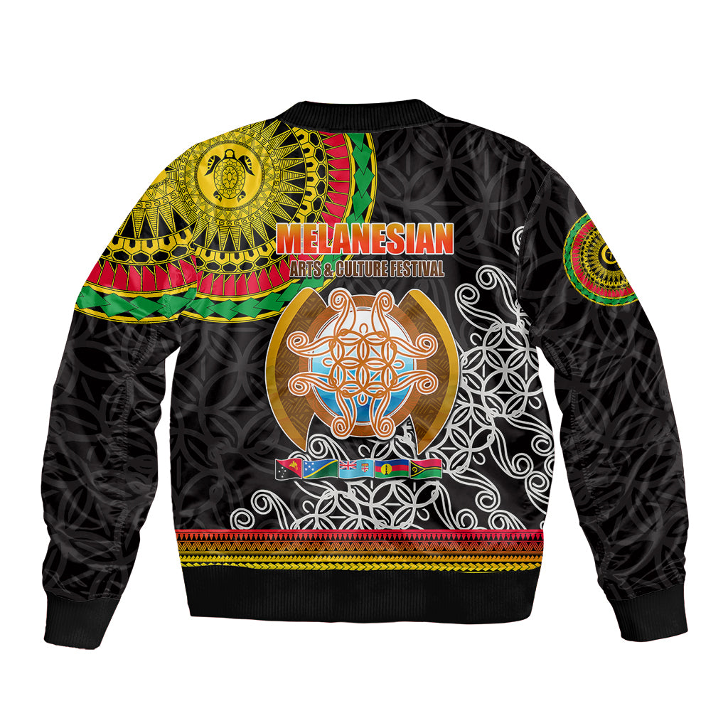 Black bomber jacket with back text 'MELANESIAN' and large central crest graphic