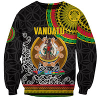 Black unisex sweatshirt with Vanuatu graphic and colorful Melanesian festival artwork