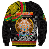 Black unisex sweatshirt with Melanesian festival back print and colorful tribal artwork