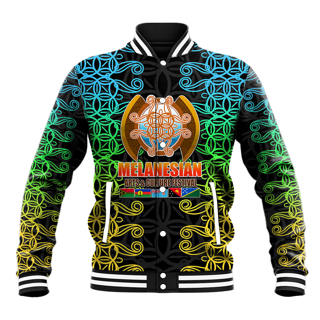 Black unisex baseball jacket with colorful tribal patterns, front button varsity style