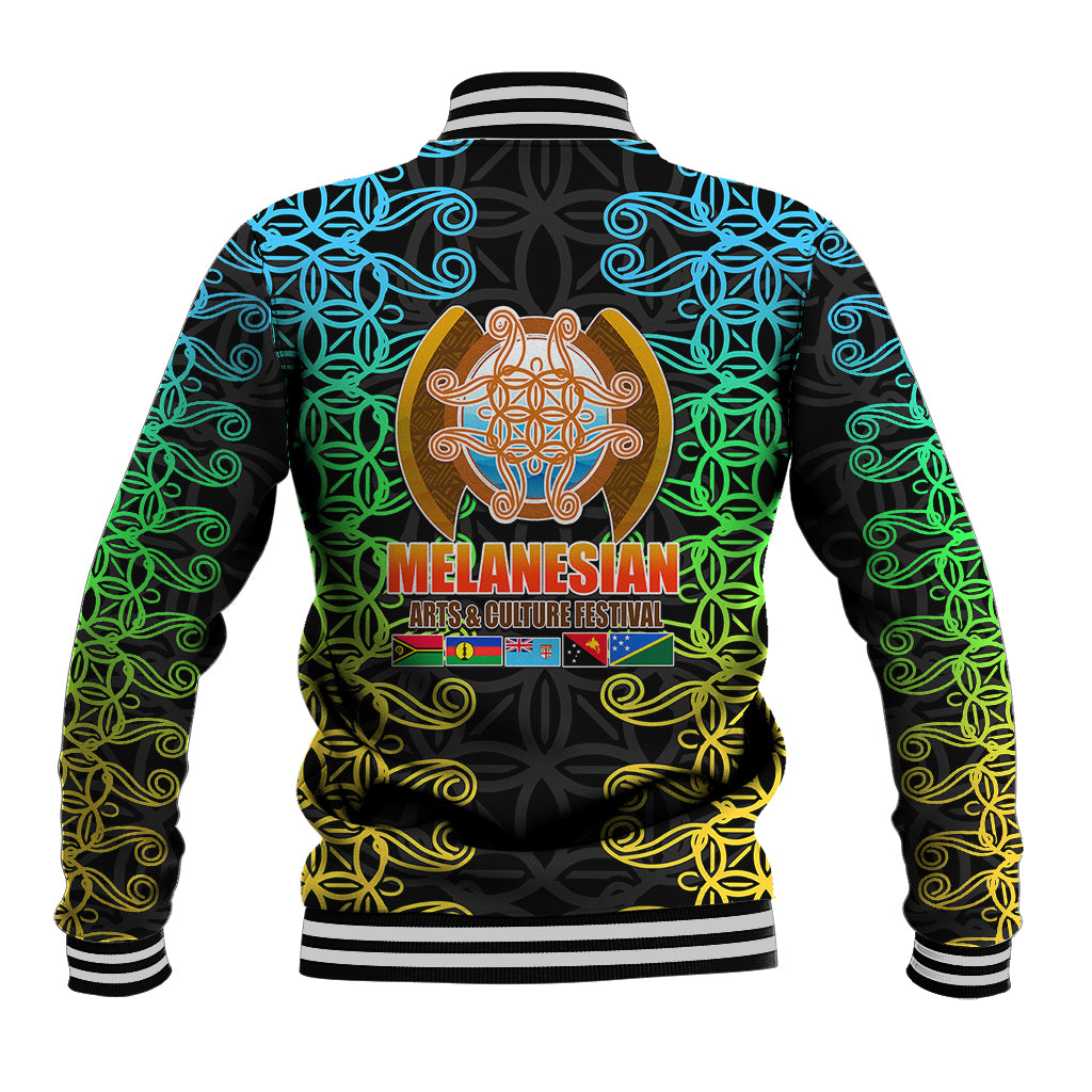 Black unisex baseball jacket with colorful tribal pattern, back view and striped rib hem