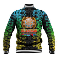 Black unisex baseball jacket with colorful tribal pattern, back view and striped rib hem