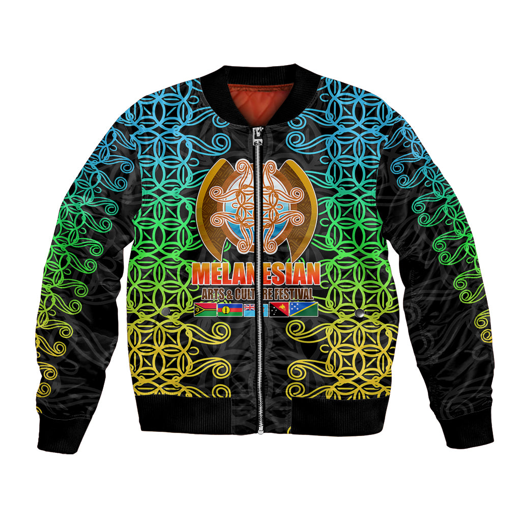 Black bomber jacket with colorful tribal swirl gradient, front zip, ribbed cuffs