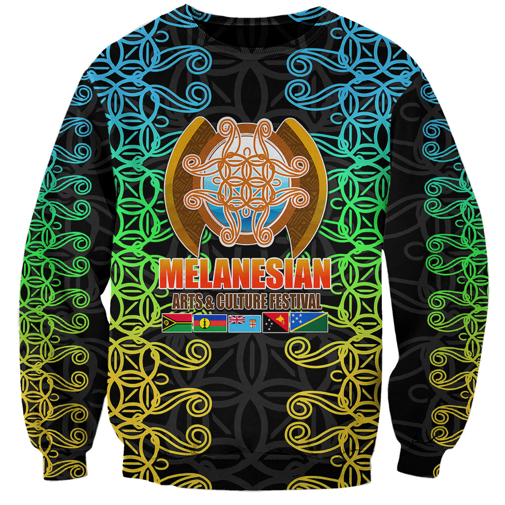 Black crewneck sweatshirt with colorful tribal swirl graphic and logo on chest
