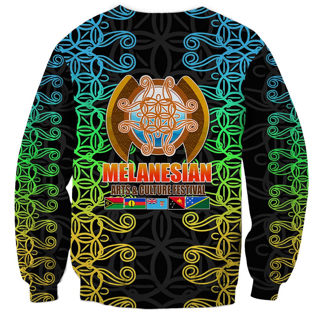 Black crewneck sweatshirt with long sleeves, colorful tribal swirl graphic on chest