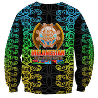 Black crewneck sweatshirt with long sleeves, colorful tribal swirl graphic on chest