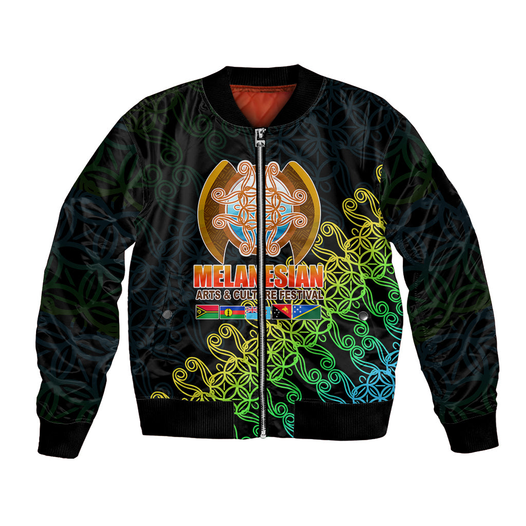 Unisex black bomber jacket with full-color festival emblem and vine graphics front