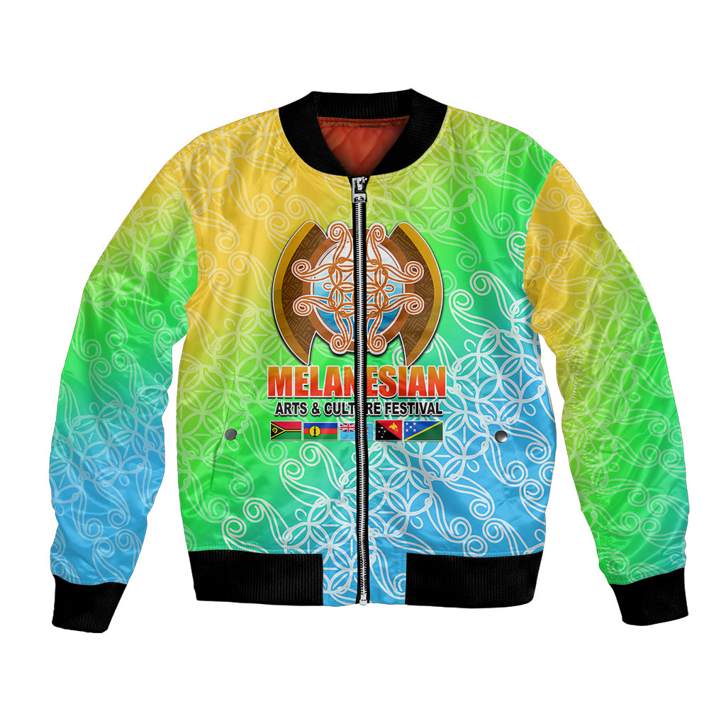 Unisex bomber jacket with zip front, ribbed collar/cuffs, multicolor Melanesian festival graphic