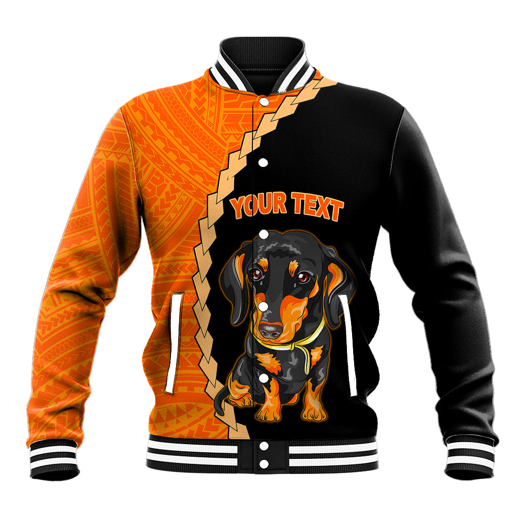 Black and orange baseball jacket with dachshund graphic, striped ribbed collar and cuffs