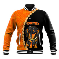 Black and orange baseball jacket with dachshund graphic, striped ribbed collar and cuffs