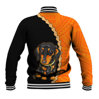 Black and orange baseball jacket with dachshund graphic, varsity striped collar and snap buttons