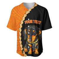 Baseball jersey with dachshund graphic and black-orange tribal patterned panels