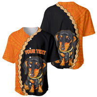 Baseball jersey pair with dachshund prints on black and orange tribal patterned panels