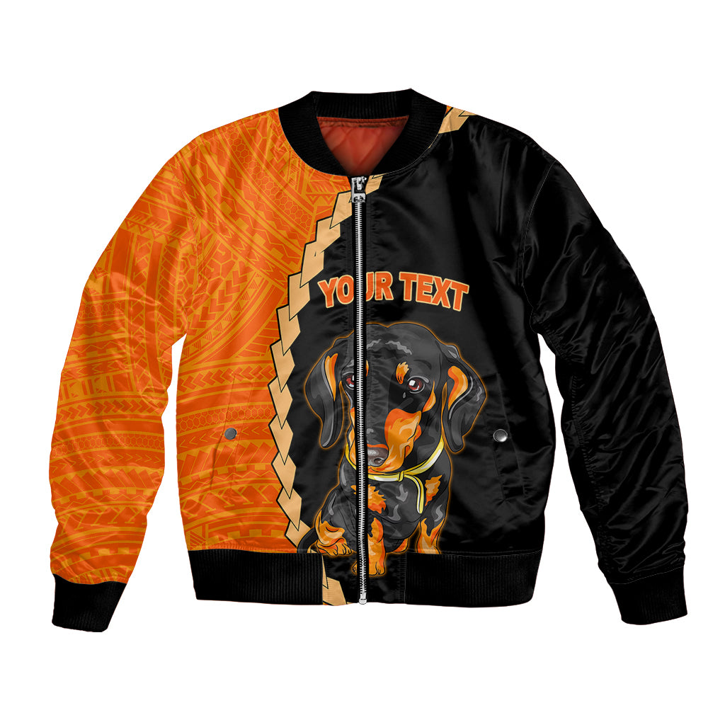 Two-tone bomber jacket with full zipper, dachshund graphic and custom text on black front