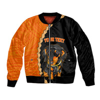 Two-tone bomber jacket with full zipper, dachshund graphic and custom text on black front