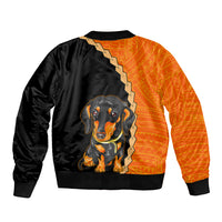 Two-tone bomber jacket with dachshund graphic and tribal tattoo stripe on black back