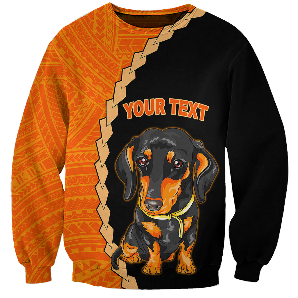 Black and orange unisex dog sweatshirt with dachshund graphic and 'YOUR TEXT' print