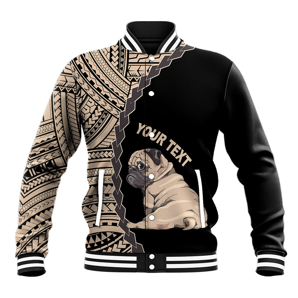 Black baseball jacket with pug graphic and beige Polynesian tribal sleeve print