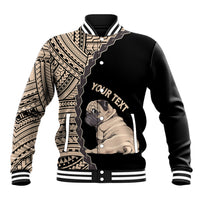 Black baseball jacket with pug graphic and beige Polynesian tribal sleeve print