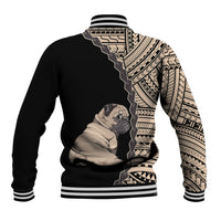 Black baseball jacket with pug graphic and beige tribal panel across shoulders