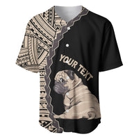 Custom pug dog baseball jersey in black with YOUR TEXT, tribal panels, and pug graphic
