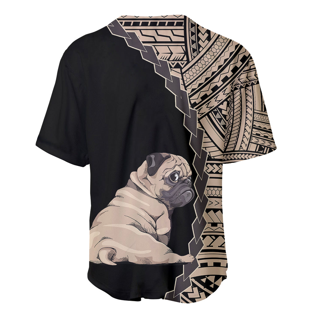 Black pug dog baseball jersey with tribal shoulder panels and large pug graphic