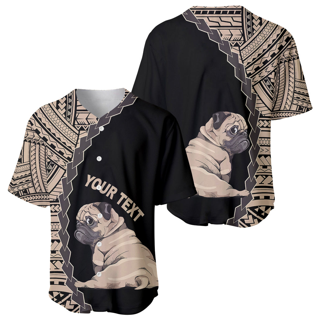 Black pug dog baseball jersey with tribal geometric sleeves and front pug artwork