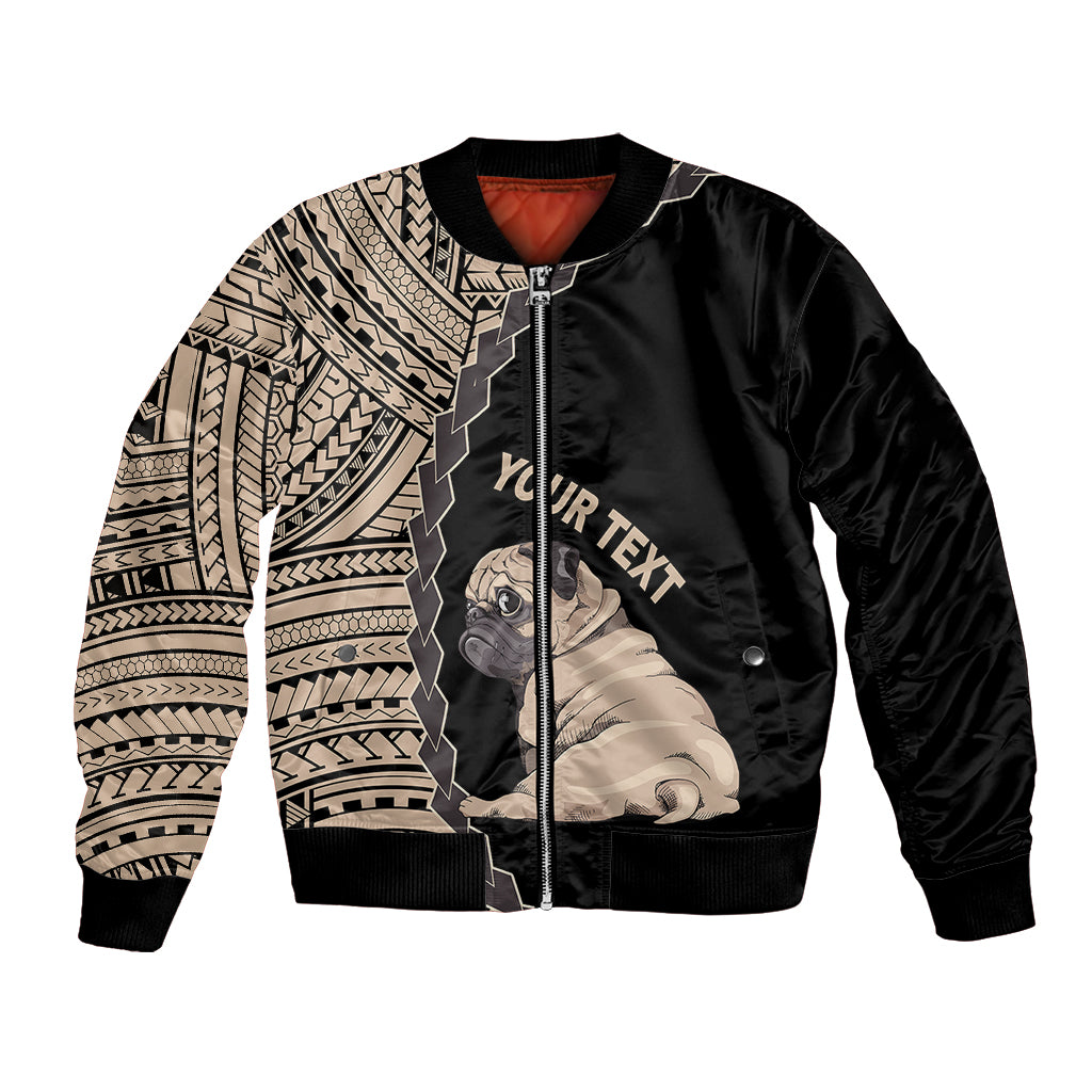 Black bomber jacket with tribal sleeve print, pug graphic, and zip front