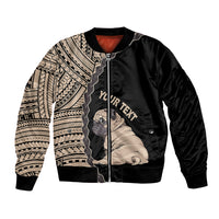Black bomber jacket with tribal sleeve print, pug graphic, and zip front