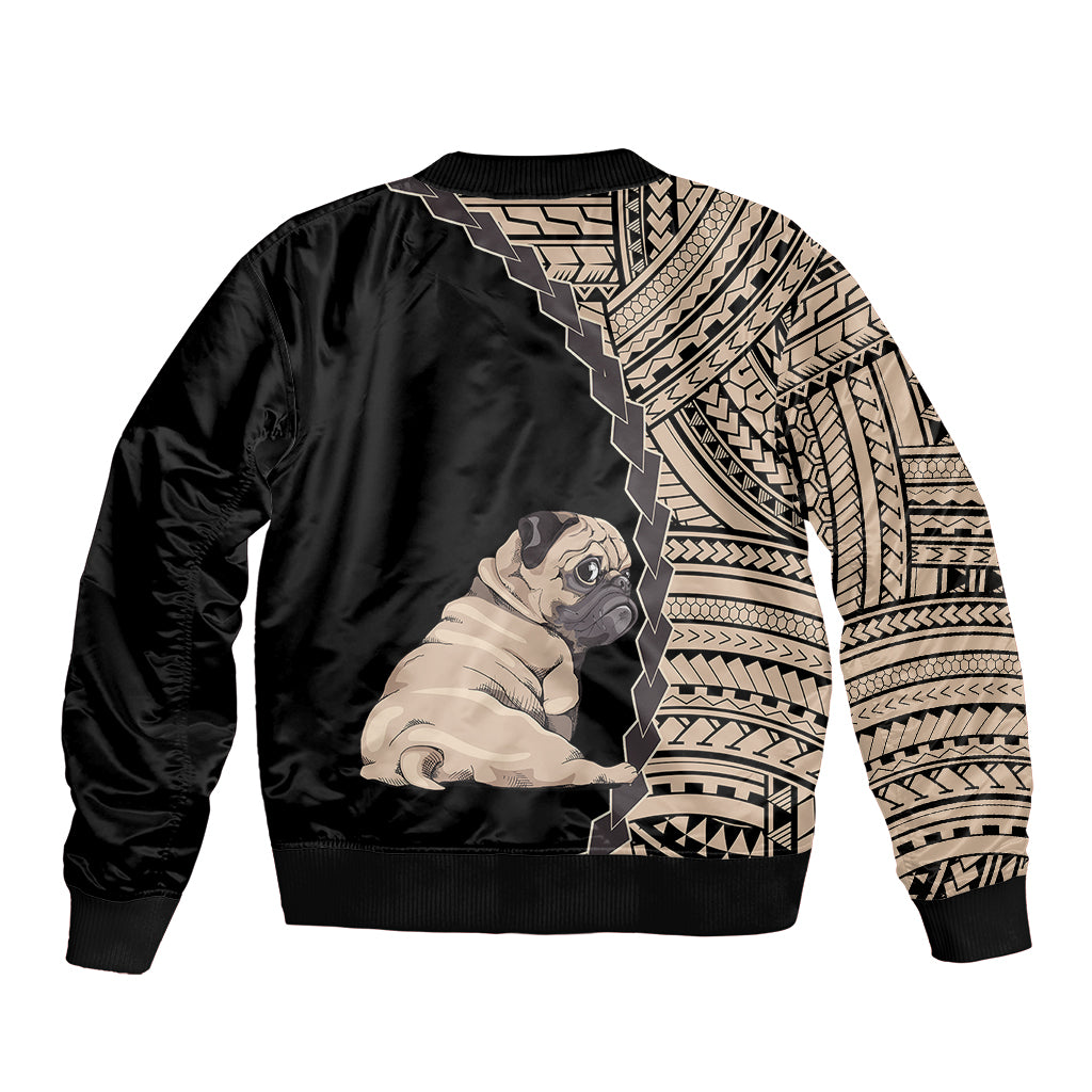 Black bomber jacket with pug graphic front and tribal pattern across shoulders and sleeves