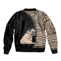 Black bomber jacket with pug graphic front and tribal pattern across shoulders and sleeves