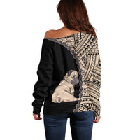 Women's off-shoulder sweater, black with tribal panel and pug graphic on back