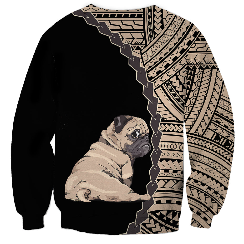 Black unisex sweatshirt with pug front graphic and Polynesian tribal side pattern