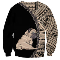 Black unisex sweatshirt with pug front graphic and Polynesian tribal side pattern
