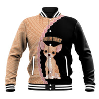 Black baseball jacket with tan geometric panels and Chihuahua graphic, ribbed collar
