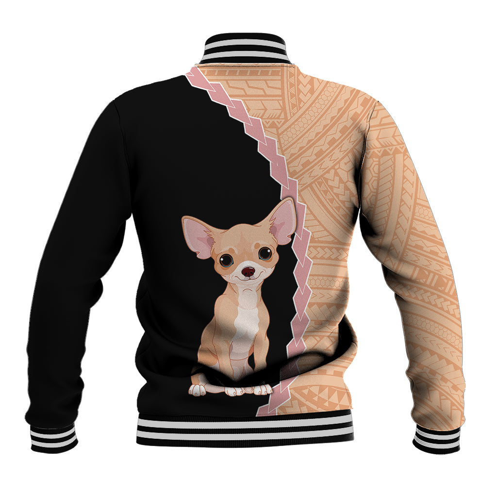 Black and tan baseball jacket with Chihuahua face graphic and striped ribbed cuffs