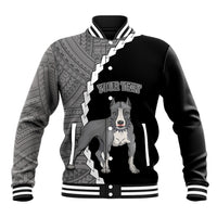 Black baseball jacket with striped collar, gray tribal sleeves, pitbull graphic, 'YOUR TEXT'