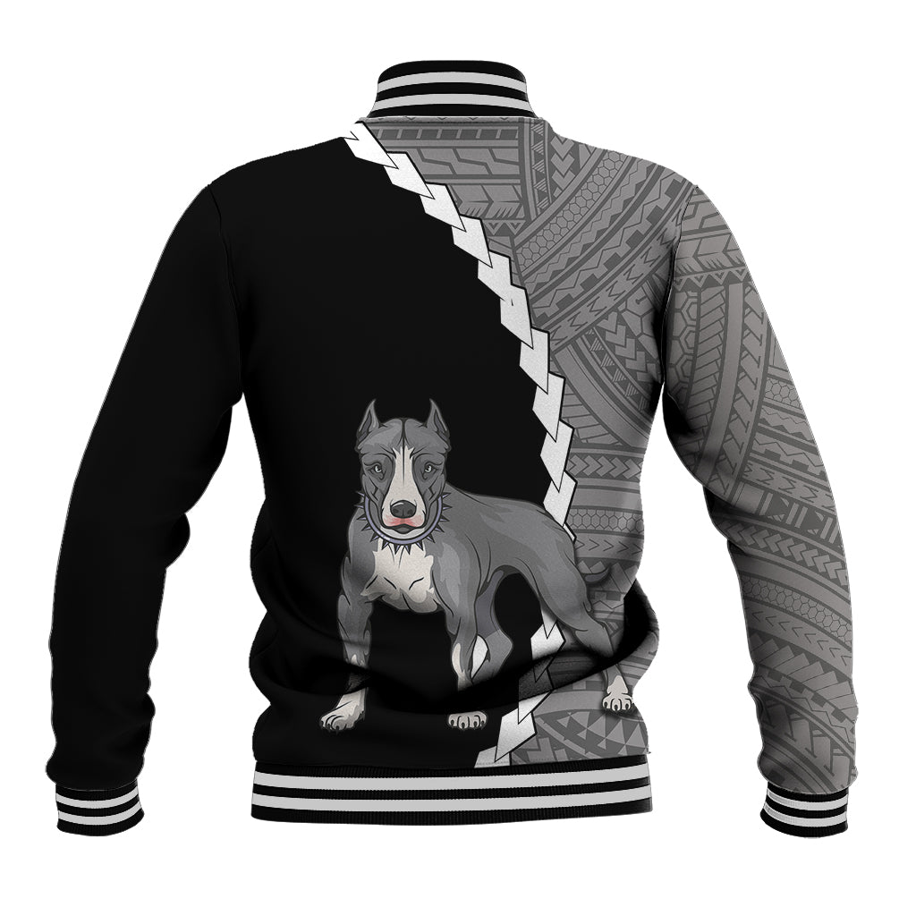Black baseball jacket with striped hem, gray tribal half, pitbull dog graphic