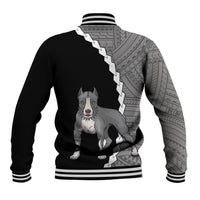 Black baseball jacket with striped hem, gray tribal half, pitbull dog graphic